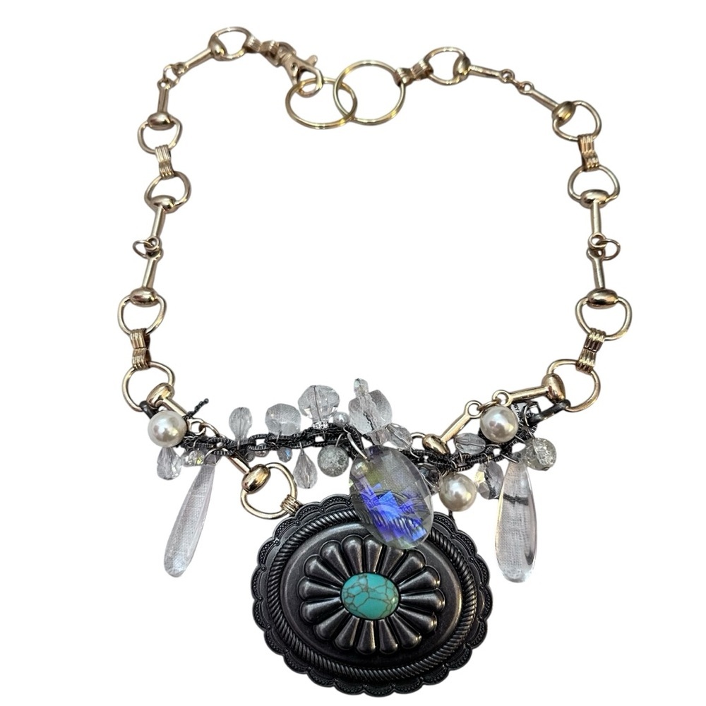 RUBYRUDI Artisan Western Necklace OOAKGold-Link Concho Belt Buckle Up Cycled - Picture 8 of 13